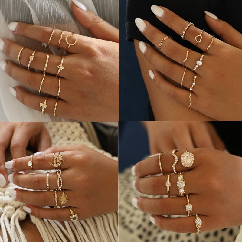 11pc/set Vintage Bohemian Heart Pineapple Round Wave Knuckle Joint Rings Set For Women Gold Finger Rings Jewelry 2019 New