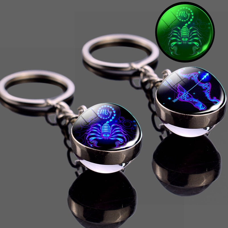 Glowing 12 Constellation Keychain Luminous Glass Ball Pendant Zodiac Key Rings Jewelry Birthday Gift Scorpio Leo Libra Keyrings