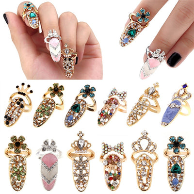 Fashion Jewelry Bowknot Nail Ring Charm Crown Flower Crystal Finger Nail Rings For Women Lady Rhinestone Fingernail Protective