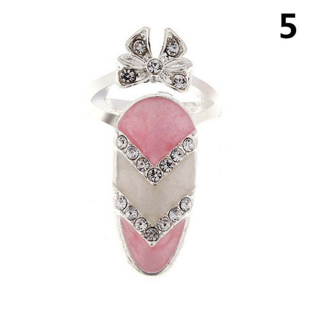 Fashion Jewelry Bowknot Nail Ring Charm Crown Flower Crystal Finger Nail Rings For Women Lady Rhinestone Fingernail Protective