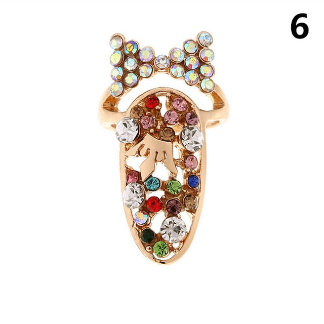 Fashion Jewelry Bowknot Nail Ring Charm Crown Flower Crystal Finger Nail Rings For Women Lady Rhinestone Fingernail Protective