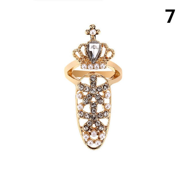Fashion Jewelry Bowknot Nail Ring Charm Crown Flower Crystal Finger Nail Rings For Women Lady Rhinestone Fingernail Protective