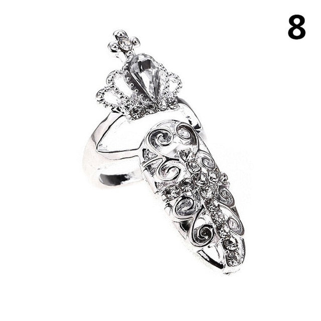 Fashion Jewelry Bowknot Nail Ring Charm Crown Flower Crystal Finger Nail Rings For Women Lady Rhinestone Fingernail Protective