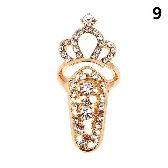Fashion Jewelry Bowknot Nail Ring Charm Crown Flower Crystal Finger Nail Rings For Women Lady Rhinestone Fingernail Protective
