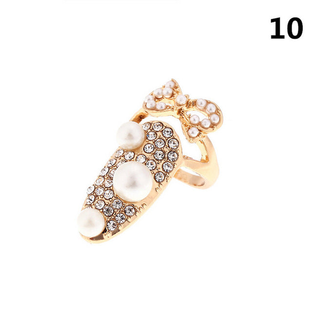 Fashion Jewelry Bowknot Nail Ring Charm Crown Flower Crystal Finger Nail Rings For Women Lady Rhinestone Fingernail Protective