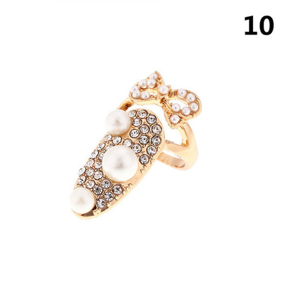 Fashion Jewelry Bowknot Nail Ring Charm Crown Flower Crystal Finger Nail Rings For Women Lady Rhinestone Fingernail Protective