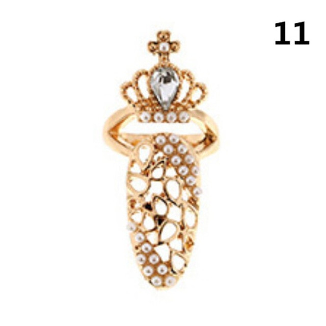 Fashion Jewelry Bowknot Nail Ring Charm Crown Flower Crystal Finger Nail Rings For Women Lady Rhinestone Fingernail Protective