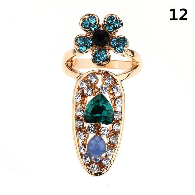 Fashion Jewelry Bowknot Nail Ring Charm Crown Flower Crystal Finger Nail Rings For Women Lady Rhinestone Fingernail Protective